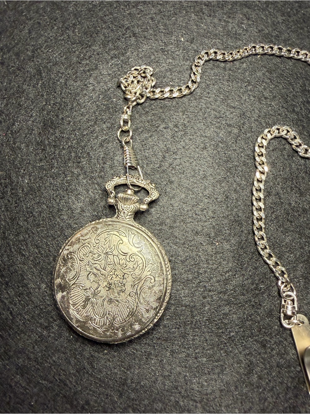 Ornate Silver-Tone Floral Pocket Watch Necklace for Men